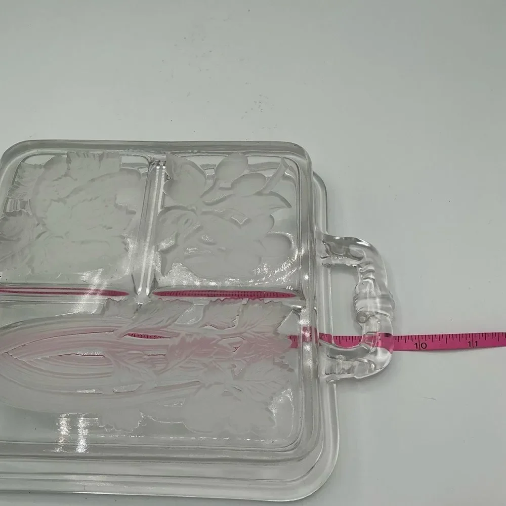 MCM Intaglio 1940's Vintage Clear & Frosted Glass Serving Divided Tray Handles